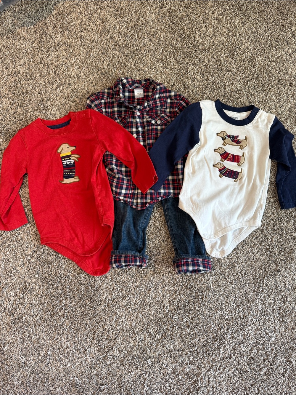 Gymboree Dog Applique Bodysuit Trio w/ Plaid Shirt and Jeans - Red & Navy